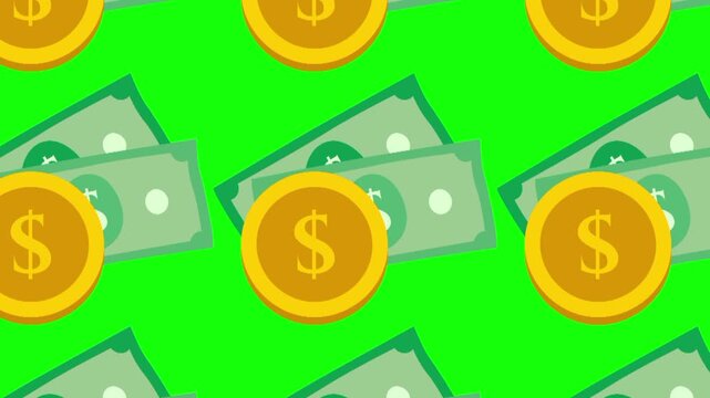 Cash and coin money paper with animated stack dollar vector icon. Business, finance, economic symbol. seamless pattern animation with green screen background template for design graphic resources