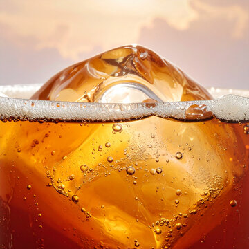 Ice cold beer in a glass with ice cubes, water splashes, and refreshing bubbles on a white background