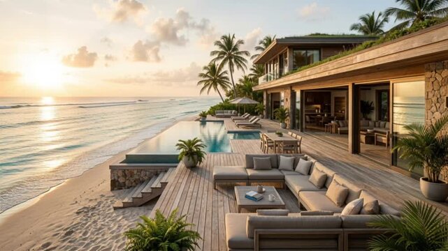 Luxury modern beach villa with infinity pool, wooden deck, and outdoor lounge area on a tropical beach at sunset. Contemporary coastal architecture with stunning ocean views.