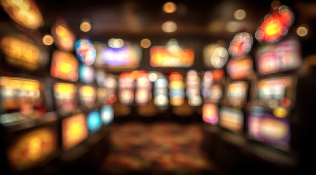 Defocused Casino Interior with Bright Lights and Colorful Displays Creates Excitement and Anticipation