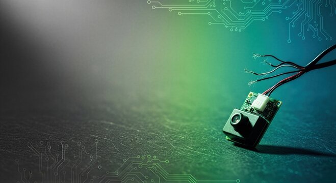 Miniature surveillance camera with exposed wires for hidden recording. Concept of cyber espionage, electronic spying and illegal monitoring. Hidden digital device for covert tracking.