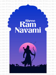 Fototapeta premium Lord Rama with bow arrow with Hindi text meaning Shree Ram Navami celebration background for religious holiday of India
