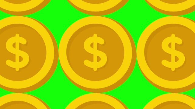 Golden coin money with animated dollar vector icon. Business, finance, economic symbol. seamless pattern animation with green screen background template for design graphic resources