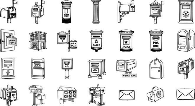 Diverse Collection of Mailbox Illustrations for Postal and Delivery Services