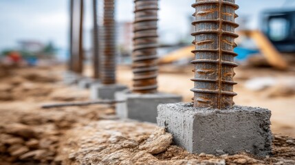 Fototapeta premium Reinforced Concrete Pilings Awaiting Further Construction Work on a Commercial Building Project Site
