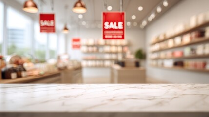 Fototapeta premium Marble Countertop Display in Modern Retail Store with Sale Signage, Perfect for Product Mockups and Advertising