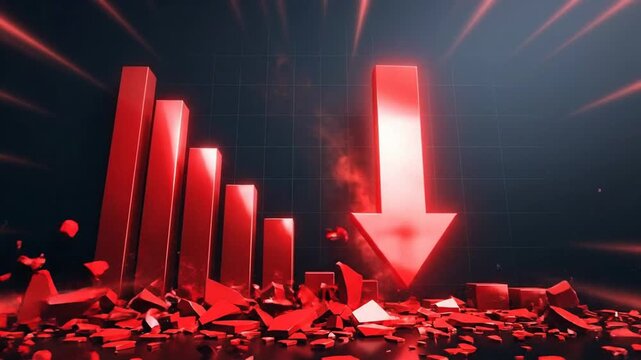 Dramatic red 3d bar chart collapsing with a downward arrow, symbolizing financial bankruptcy and crisis.