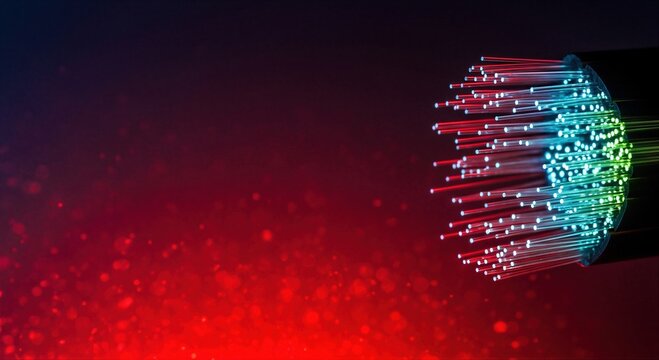 Fiber optic cable glowing with red and blue light. Concept of internet security hack and cyber crime. Data transmission vulnerability and information threat in global digital network.