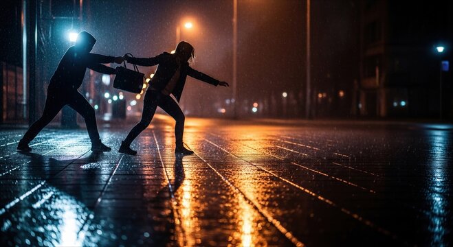 Thief pulling bag from a woman on a city street at night in the rain. Criminal robbery attack on a victim. Dangerous urban crime scene, struggle for survival and safety insecurity.