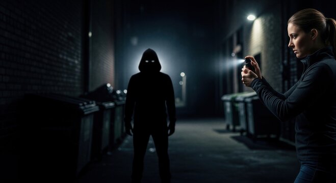 Woman defending herself with pepper spray against hooded attacker in dark alley at night. Self defense scenario. Crime protection, dangerous situation and safety training concept.