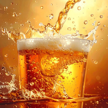 A macro closeup of cold golden lager pouring into a glass creates a full beverage of yellow liquid topped with thick white foam and bubbles