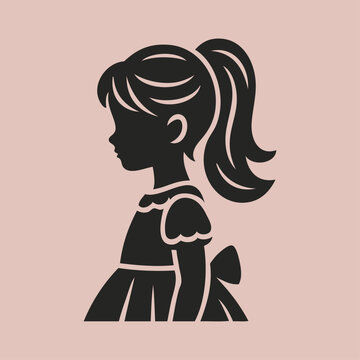 Logotipo de boutique de moda infantil. Dibujo sencillo con silueta de una ni&ntilde;a de perfil con un vestido adornado con un nudo de lazo