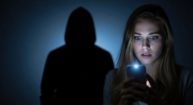 Scared woman looking at smartphone in dark room while dangerous hooded criminal stands behind her. Victim of crime, cyber stalking, home invasion, kidnapping or threat concept. Thief.