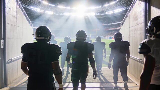 Team prepares energetically under shining stadium lights before kickoff