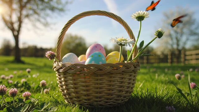 Colorful Easter egg basket with flowers and butterflies in a sunny meadow, showcasing vibrant eggs nestled in grass under a clear blue sky
