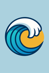 Naklejka premium Logo agencia de viajes. Vacaciones de verano. Dibujo sencillo con silueta de un sol con olas de mar en forma de círculo, en fondo azul 