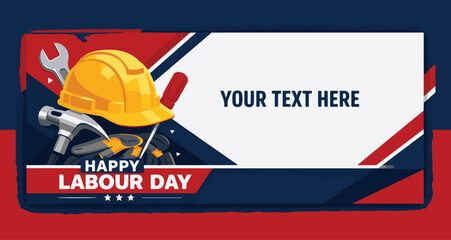 Happy Labour Day Web Banner Template with Construction Helmet and Work Tools