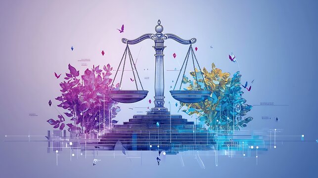 Symbol of Justice and Harmony: A mesmerizing illustration of a balanced scale, symbolizing justice and harmony. Two vibrant trees, one in purple and the other in gold.