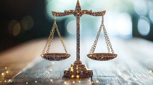 Balance Symbolizing Justice: A golden scale of justice rests upon a weathered wooden surface, delicately balanced, symbolizing fairness and the pursuit of truth.