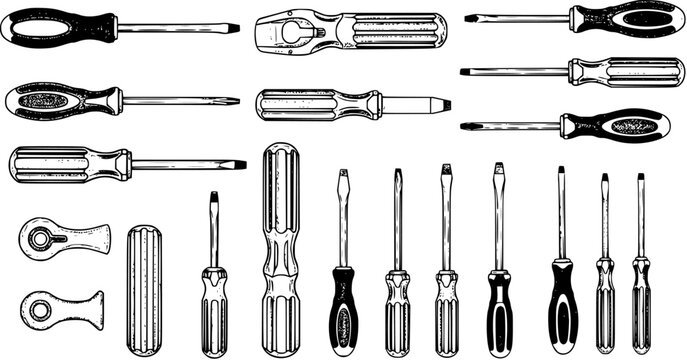 Hand tools vector set: collection of various screwdrivers, flathead, Phillips, ratchet drivers, black and white line art illustration.