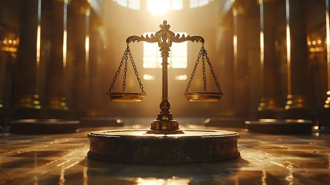 Justice's Golden Measure: An exquisite gilded scale stands tall within a grand courthouse, radiating an aura of fairness and legal precedent.