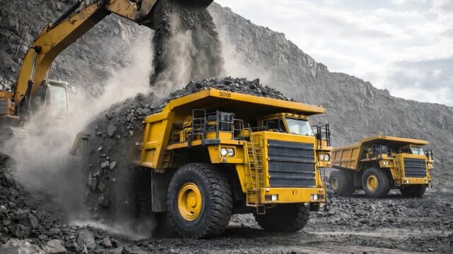 Loader bucket on loading coal into a mining truck.

