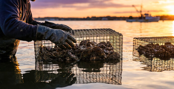 A person works in the water during sunset, collecting oysters from metal traps. Fishing boats are visible in the background, adding to the coastal scene