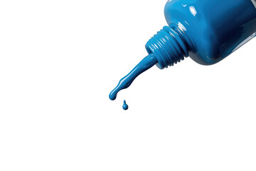Fototapeta premium Blue nail polish pouring from bottle creating a dripping liquid drop, beauty cosmetics on transparent background