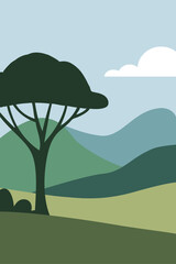 Naklejka premium Dibujo sencillo con siluetas de un paisaje con montaña, cerros, praderas, un árbol y un fondo de cielo