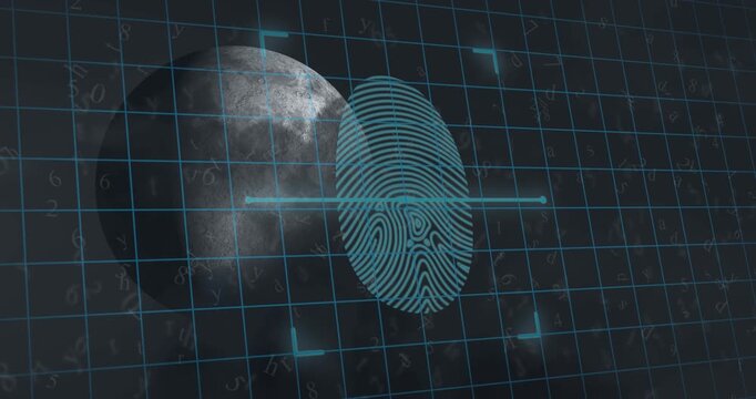 Animation of biometric fingerprint scanner over grid network and moon against grey background