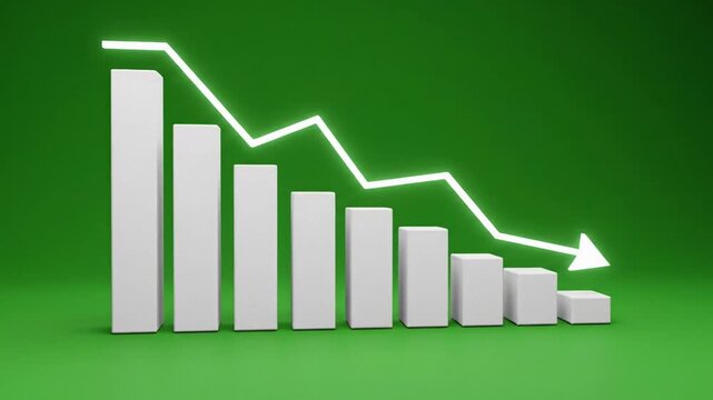 White 3d bar chart with a glowing arrow illustrating sharp financial decline and bankruptcy on green.