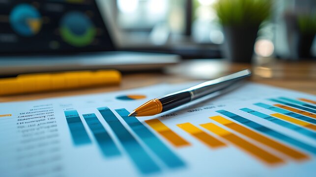 Financial Graphs on the Desk: An in-depth view of financial data, showcasing the upward and downward movements. An elegant pen rests thoughtfully amidst the information.