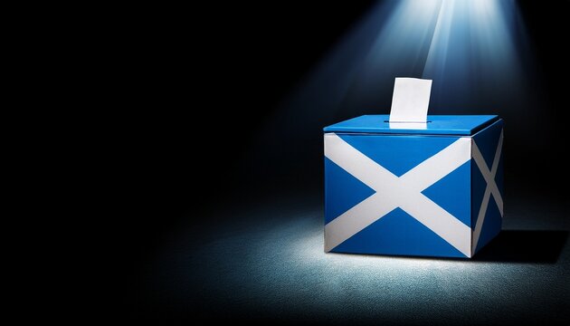 a light shining on a scotland flag voting box in the dark; free space for text