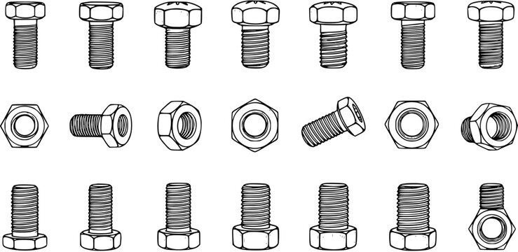 Bolt and Nut Illustration: A Set of Mechanical Fasteners in Detailed Line Art