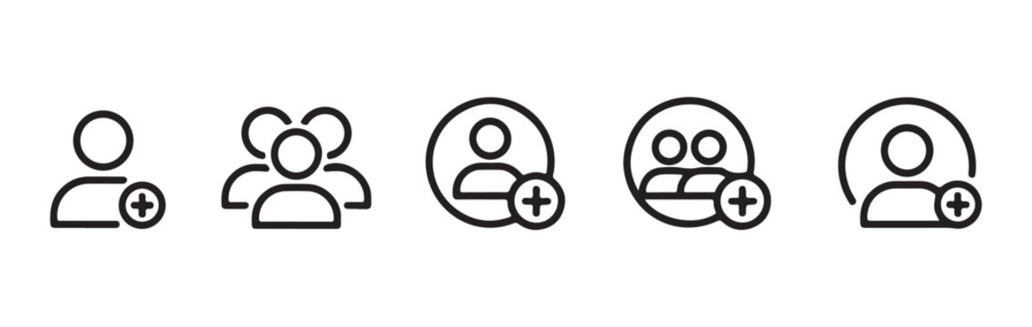Add new user, team, and member icon set with plus sign. people group outline symbol illustration