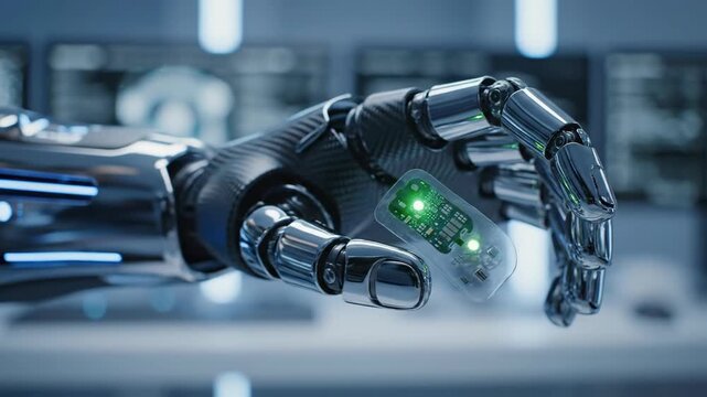 Futuristic chrome cyborg robot hand with integrated circuit. Advanced wearable health tech prosthetic shows future of bionic innovation