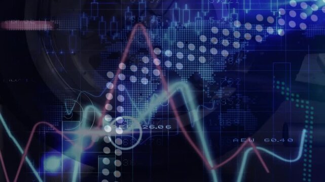 Animation of data processing and financial data over black background