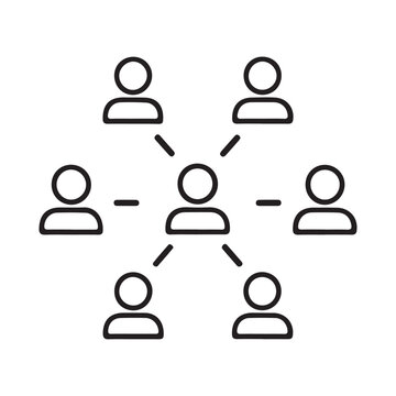 Centralized networking diagram icon with seven minimalist person figures linked to one single main core user