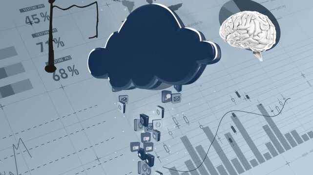 Animation of flag, digital brain and cloud with icons over data processing
