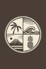 Logo agencia de viajes. Vacaciones en Hawái. Dibujo con líneas de un paisaje con la palma, volcán, sol, playa, piña y olas de mar estilo grabado antiguo, en círculo de cuerda © teracreonte