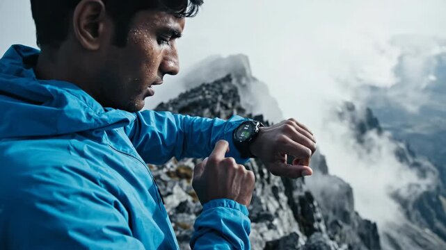 Focused adventurer monitors vital health data with smart wearable tech. modern tracking gadget for cold, misty mountain hiking journey on rugged peak