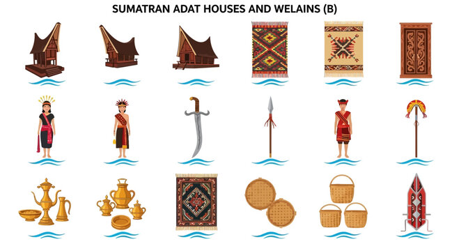 Sumatran Adat Houses and Weapons Illustration.