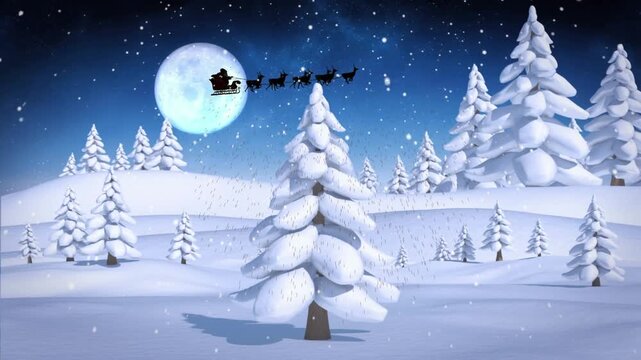 Animation of winter night landscape with santa sleigh and full moon