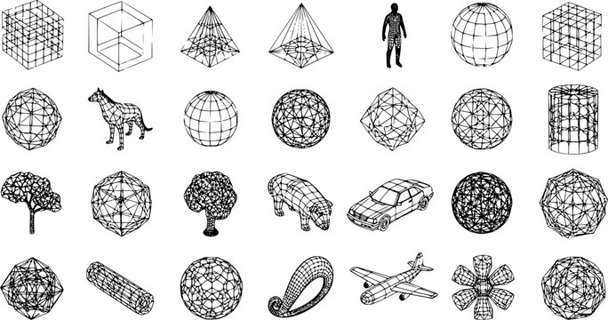 Diverse collection of 3D wireframe models, featuring geometric shapes, common objects, animals, and abstract forms. Vector illustrations for design, technology, and digital art.