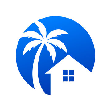 Logo agencia de viajes. Vacaciones de verano. Dibujo sencillo con un paisaje con silueta de la palma con una casa en un c&iacute;rculo 