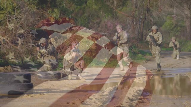 Animation of flag of usa over diverse soldiers