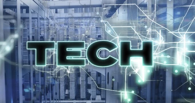 Animation of tech text banner and glowing light trails against computer server room