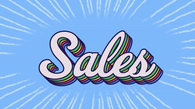 Animation of sales text banner with rainbow shadow effect against light trails on blue background