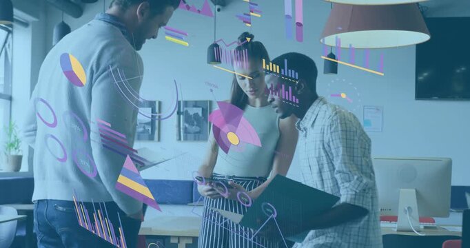 Animation of statistical data processing against diverse colleagues discussing together at office