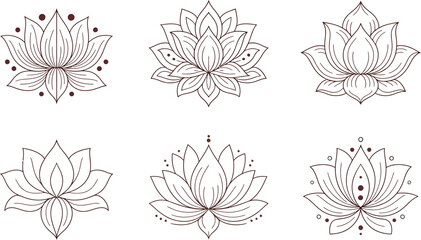 Fototapeta premium Group of stylized outline lotus flowers with outline icon